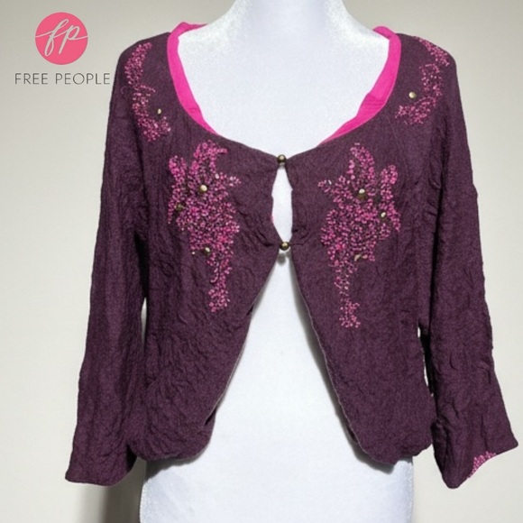 Free People Cardigan Crinkly Purple Pink Wool Silk Beaded Fairy Shrug | Sz L - Picture 3 of 16